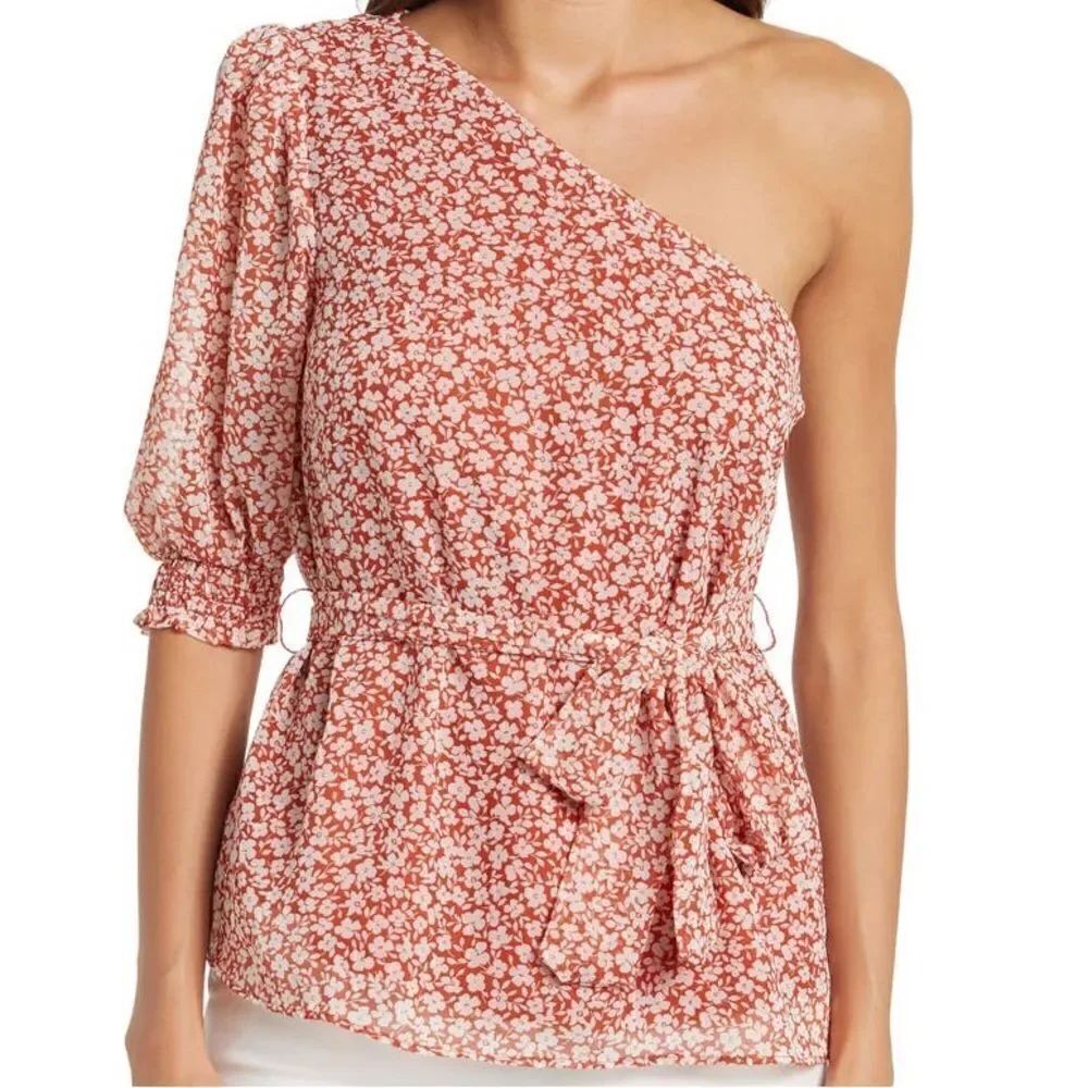 Gibsonlook Puff Sleeve One Shoulder Floral Blouse Tie Rust Tan S